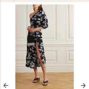Reformation Freeport one sleeve belted printed georgette midi dress black